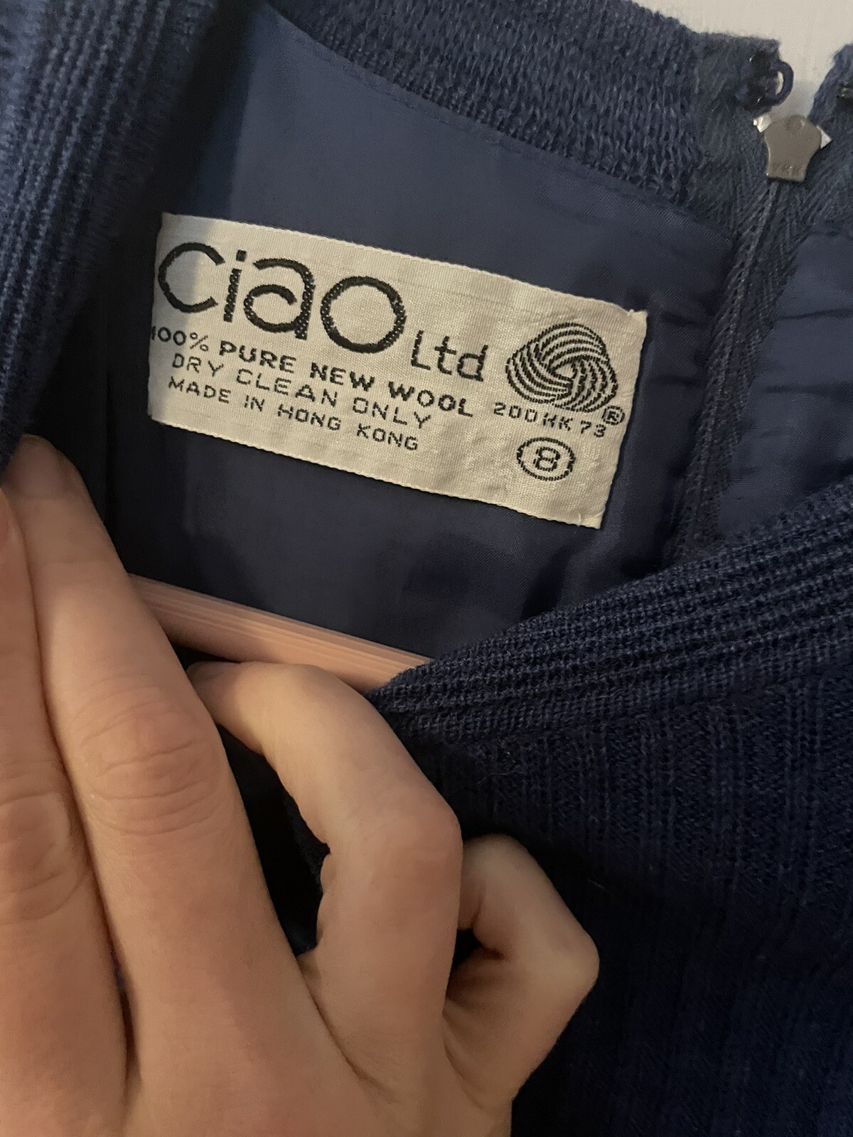 Vintage Ciao Solid Blue Dress Size 8 Pure Wool Longsleeved Lined