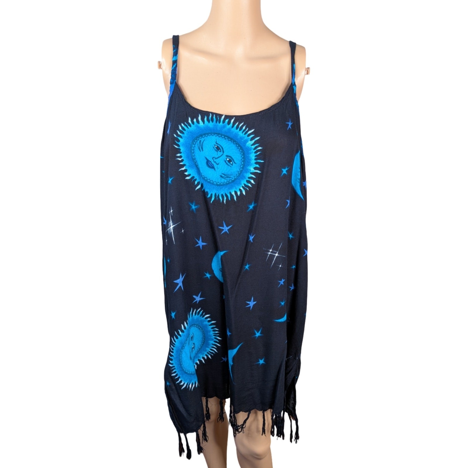 Vintage 90s Black Blue Sun Celestial Shift Dress L/XL Whimsigoth Fringe Slit
