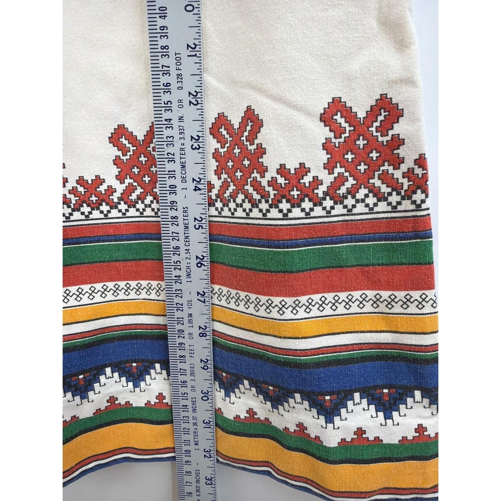 Vintage Handmade Folk Border Print Shift Dress Cream Sleeveless Mini 1960s 70s