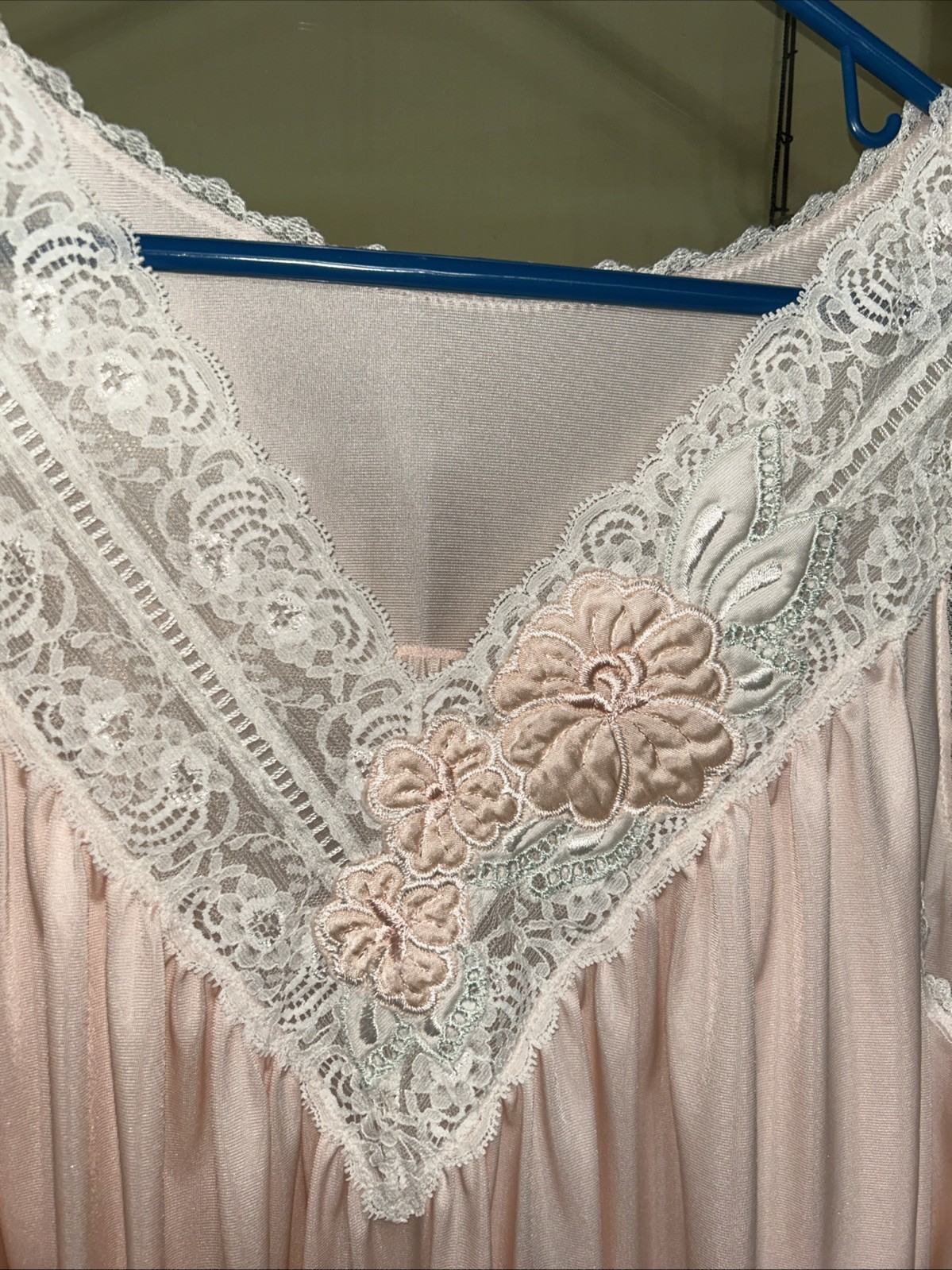 Vintage Shadowline Pink Nylon Nightgown Lace Applique Long Size L