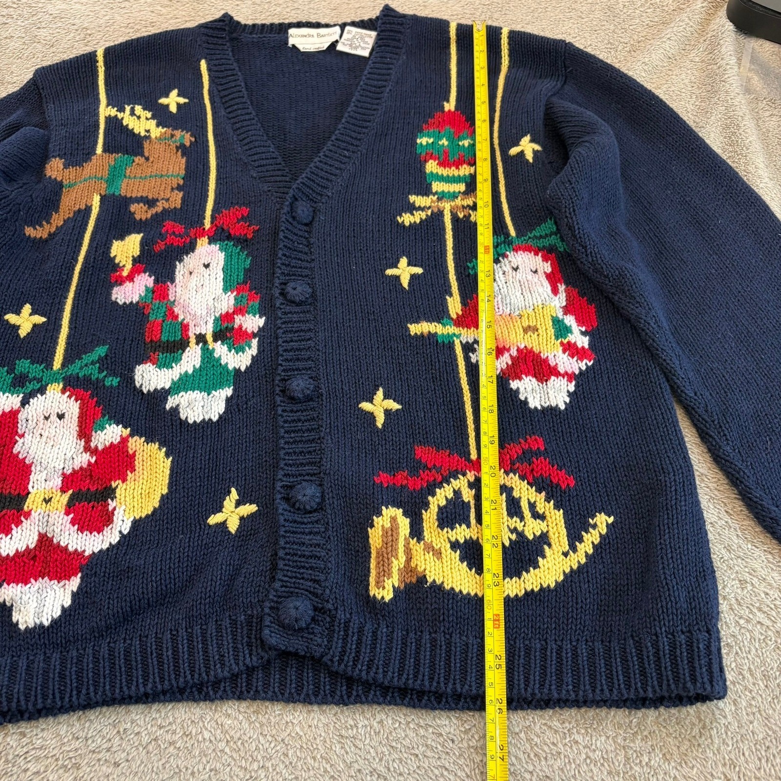 Alexandra Bartlett Vintage Navy Christmas Cardigan Santa Reindeer L Hand Made