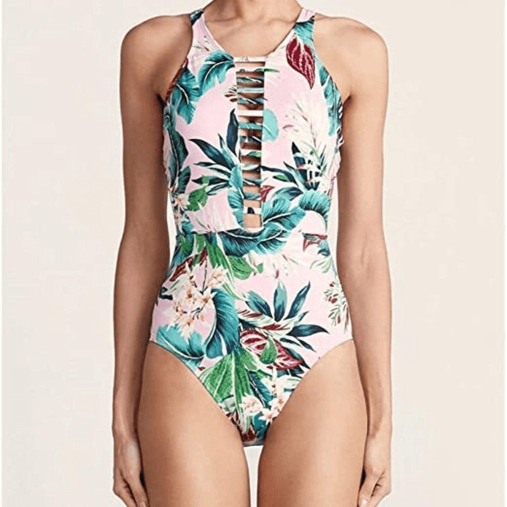Miraclesuit Pink Floral High Neck Swimsuit Sz Medium