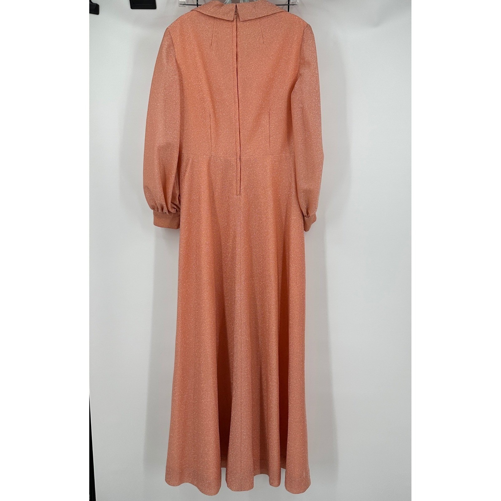 Women Vintage 70s Peach Metallic Shimmer Maxi Dress Size M Empire Waist Gala Mod