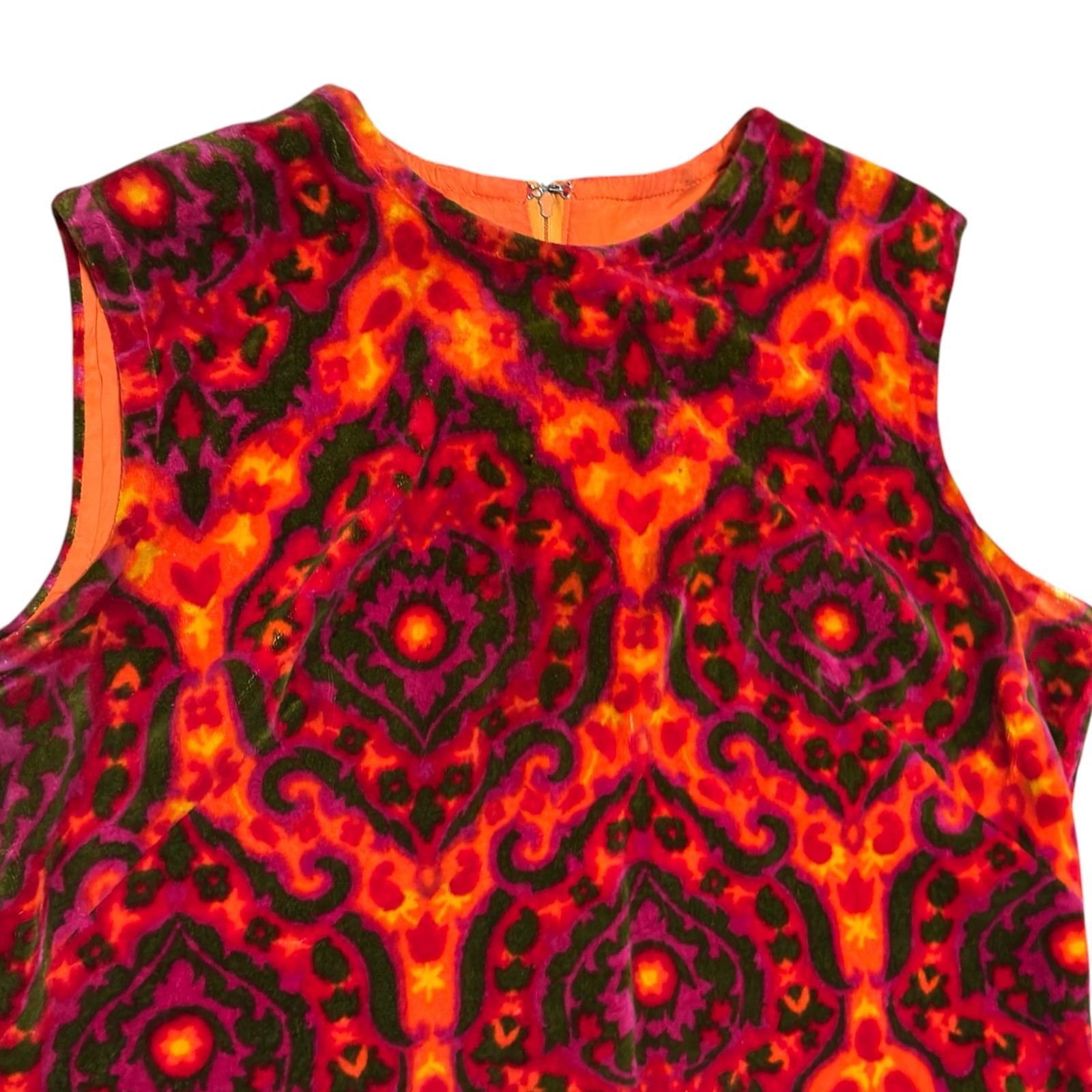 Vintage 60s Psychedelic MOD Sleeveless Dress Velour Zip Up Back Tapestry XL 14