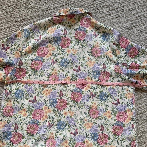 Bon Worth Button Up Shirt Retro Crinkle Fabric Floral Butterflies Camp Collar 1X