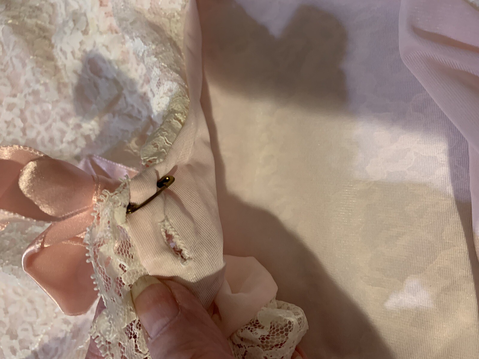 ❤️Vintage Bed Jacket M Pink Nylon Chiffon & Creamy Lace Mid Century 50s