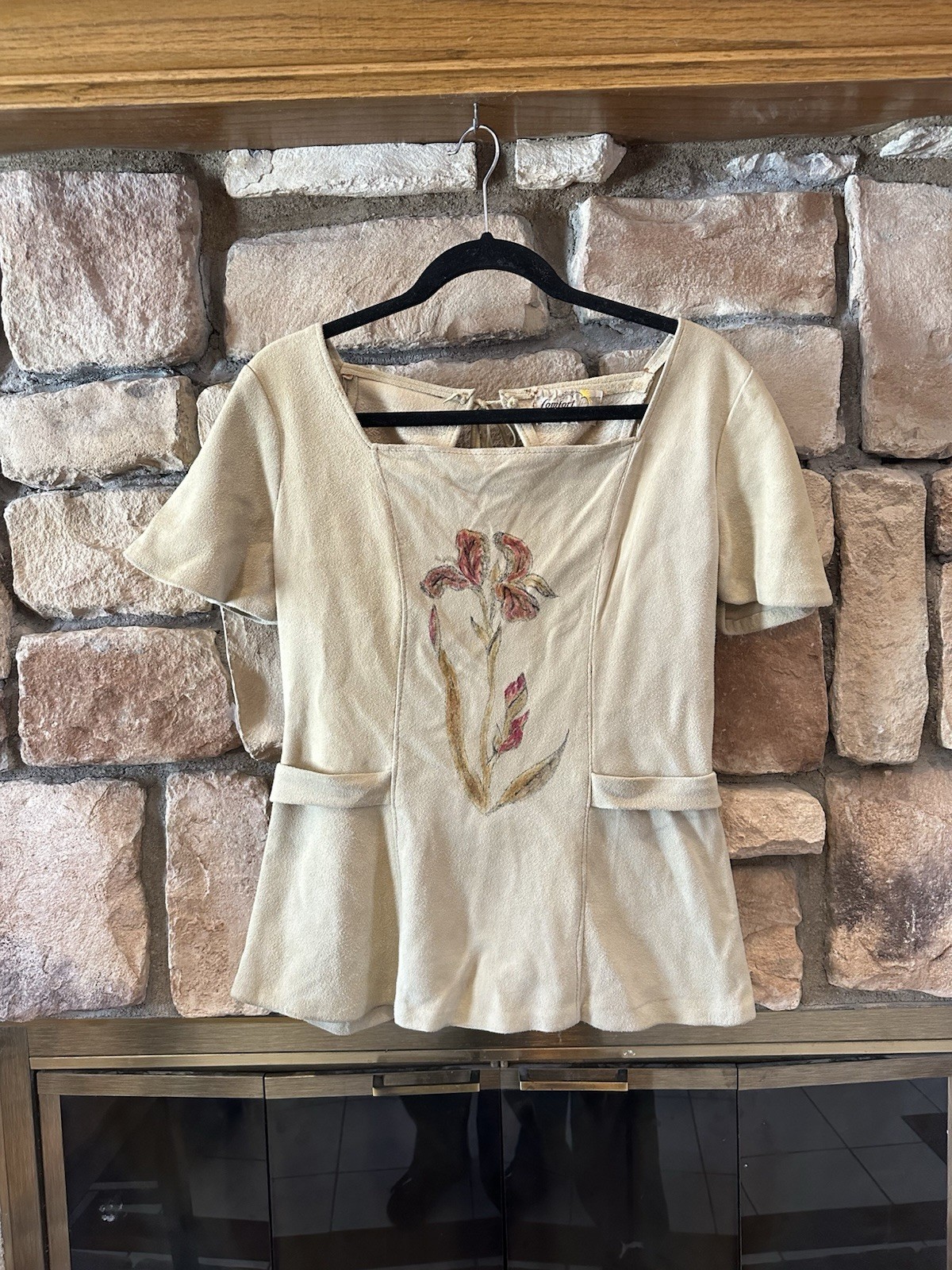 TRUE VINTAGE 60s/70s NATURAL COMFORT Leather Suede Tie Top Hippy Floral Tan L/XL