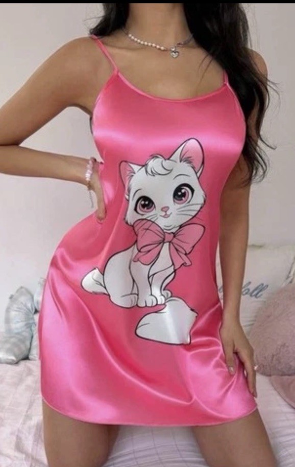 Glossy Hot Pink Satin Kitty Babydoll Cami Nightdress Dress Nightgown 1XL NEW