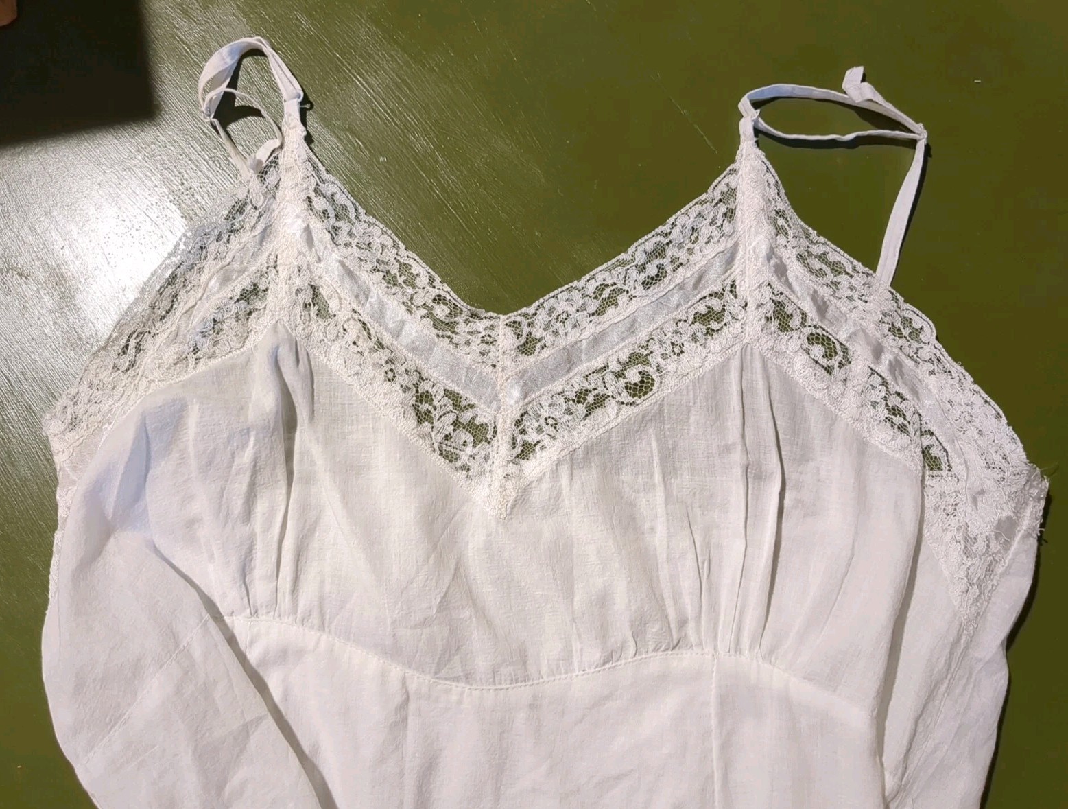 Vintage 40s 50s Pieced White Emb Cotton Blend Fabric Lace Full Slip Dress B36
