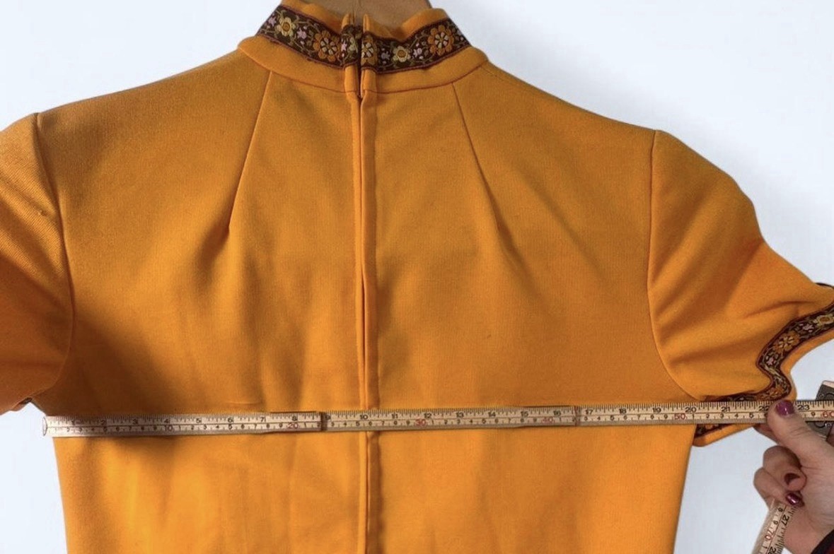 SMALL 1960s-70s Homemade Gold Mustard Short Sleeve Dress with Embroidered Trim