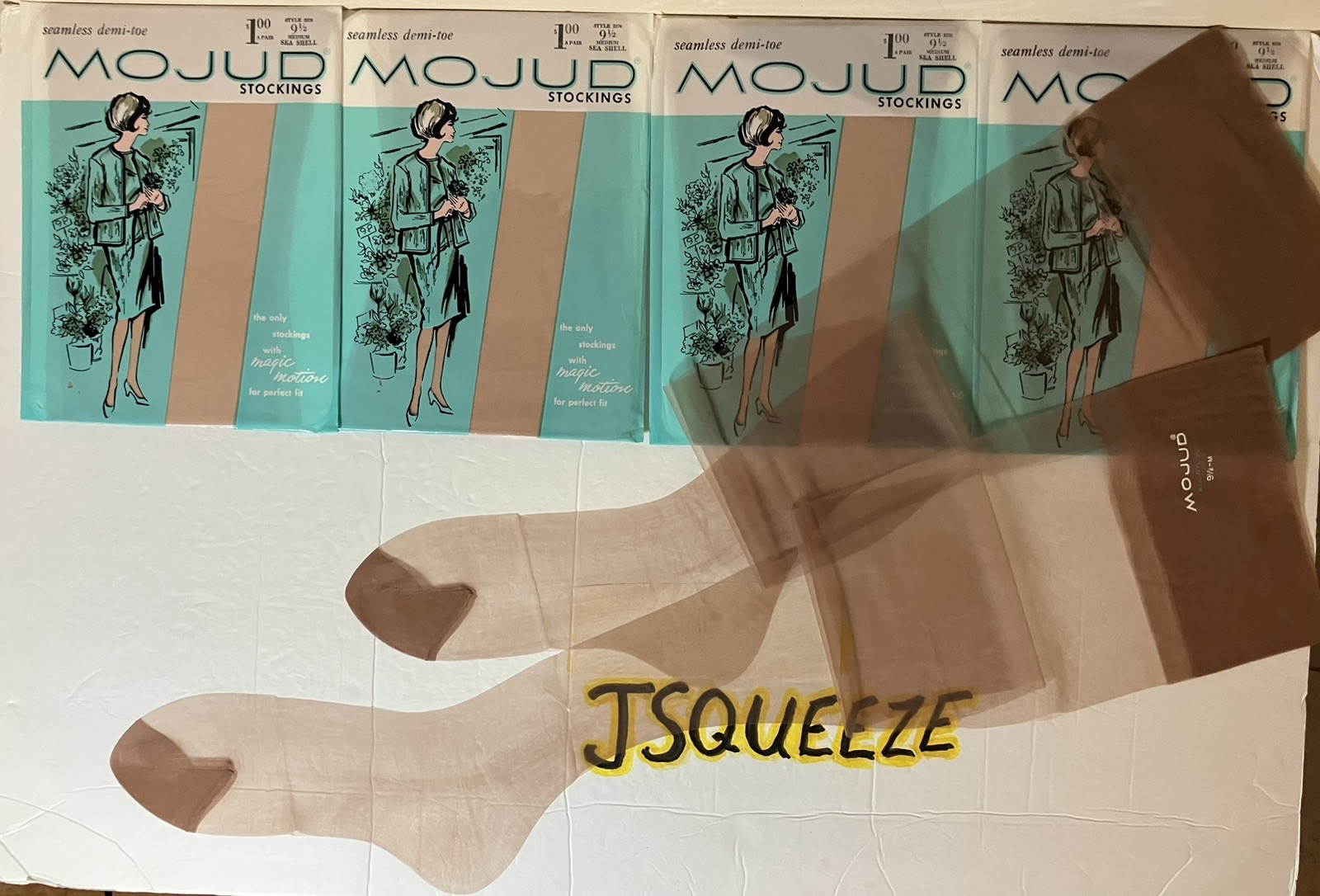 5 Pair VTG FLAT KNIT MOJUD MAGIC MOTION NYLON STOCKINGS GARTER HOSIERY 9 1/2×32”