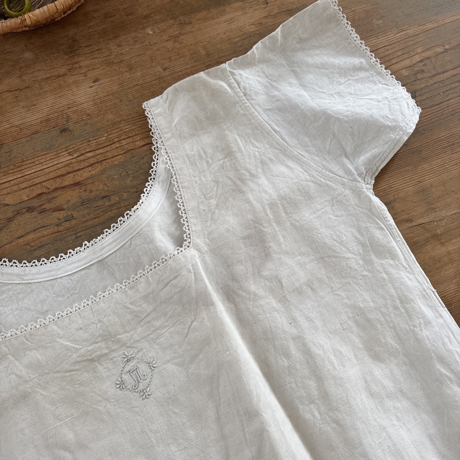Edwardian Monogram Linen Blouse | Antique French Chemise Top, Early 1900s