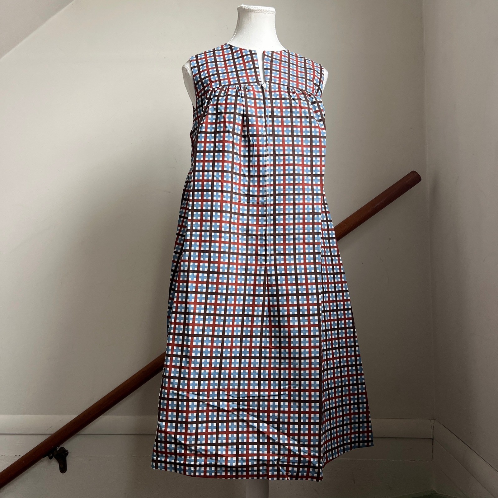 Vintage Plaid Midi Dress Mod MCM Geometric Sleeveless A-Line Muumuu House Coat