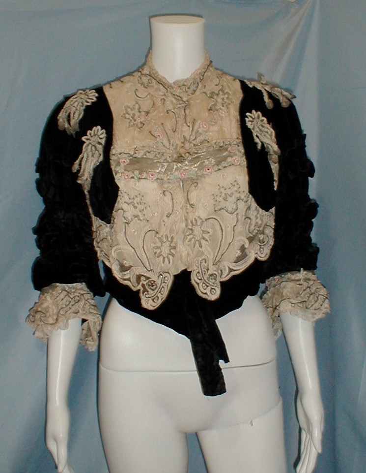 Supreme Antique Dress Evening Bodice Victorian 1890 Black Velvet Exquisite Trims