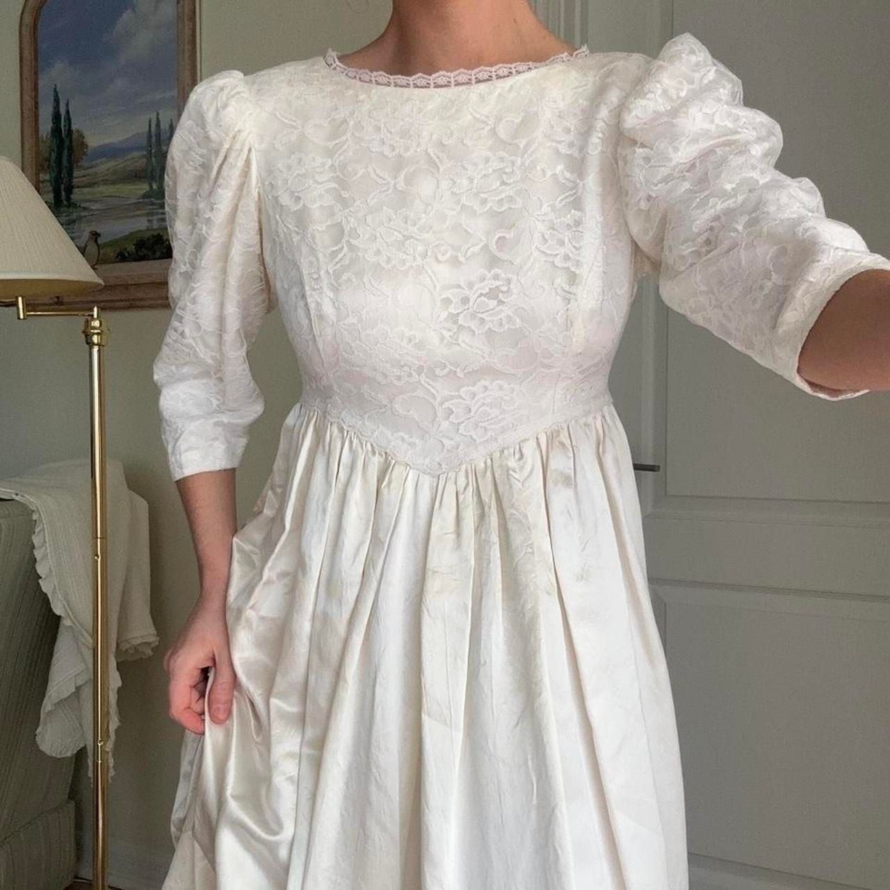 Vintage Handmade White Lace Basque Waist Gown with Puffy Sleeves
