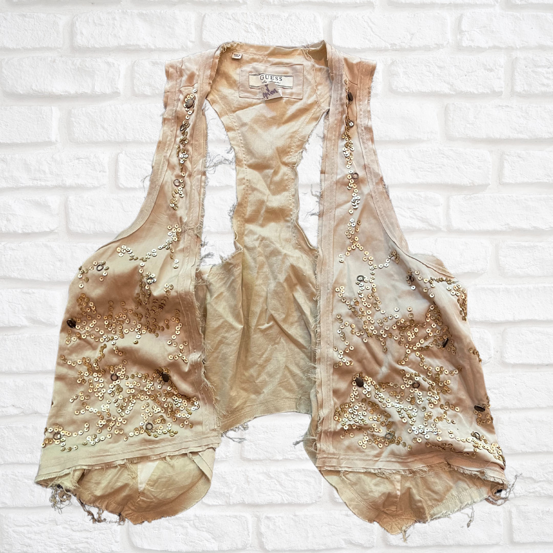 Guess Light Beige Cropped Vest, Distressed Sequin Bead Accent, Raw Edge, Medium