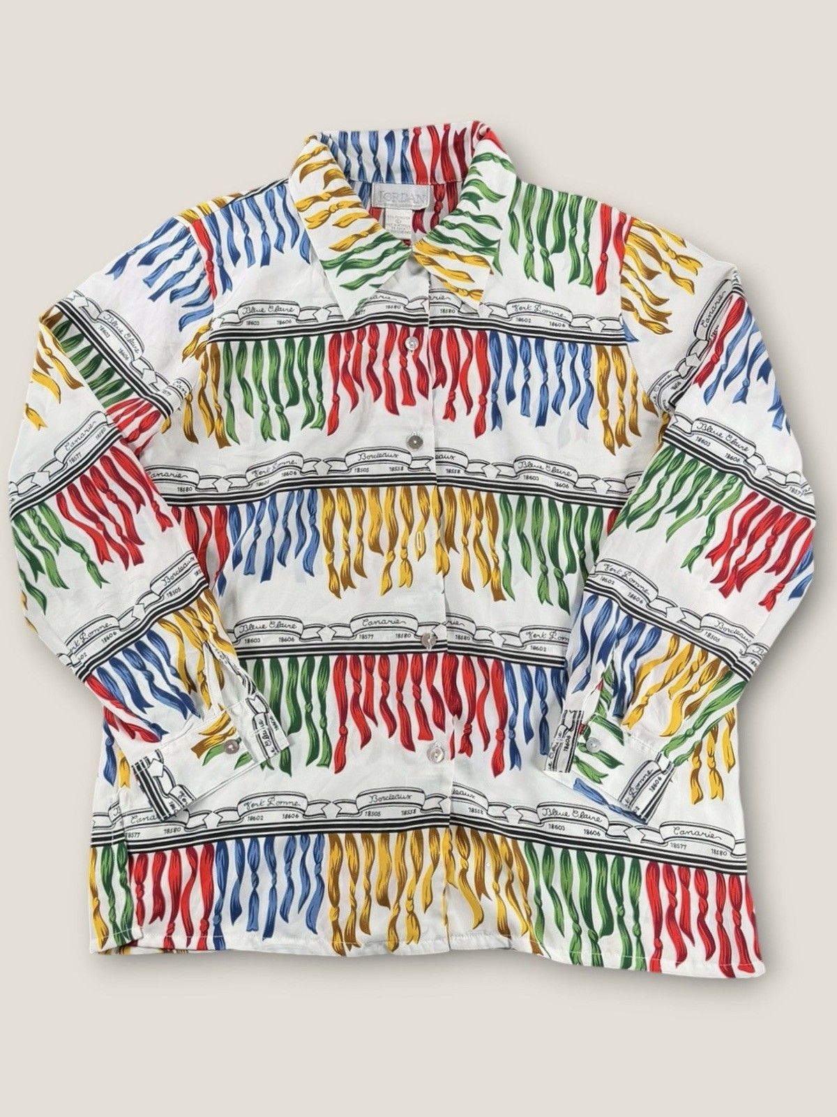 JORDAN Vintage 90s Novelty Silk Like Scarf Print Button Up Shirt Top Large