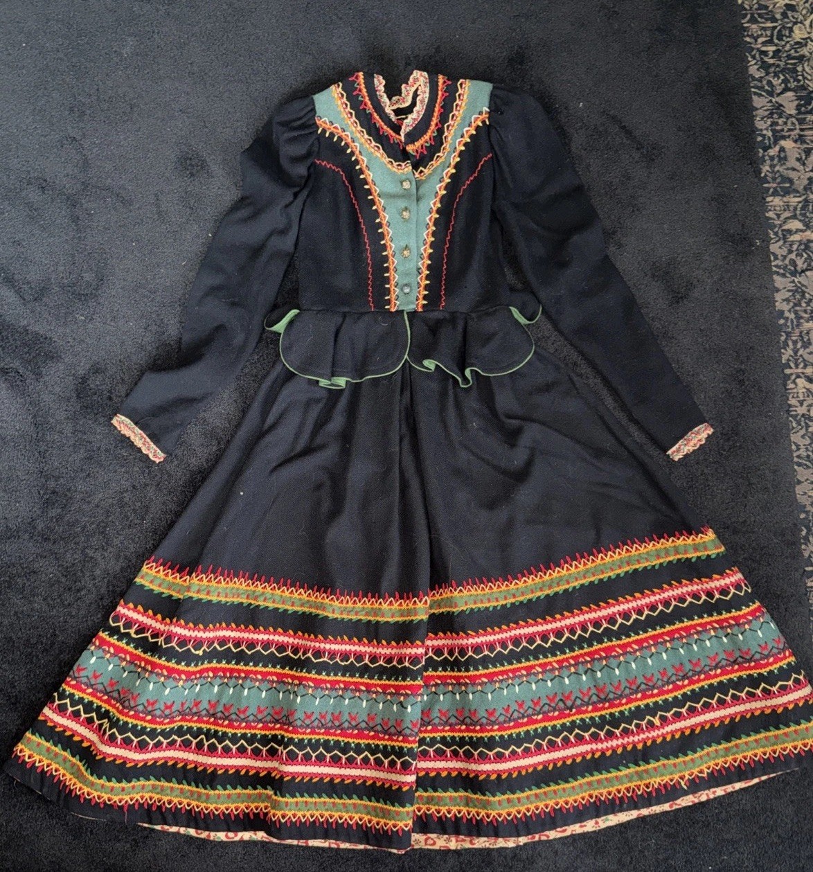 Handmade Folk Dress Costume Unsized See Measurements Black W/ Ric Rac Trim