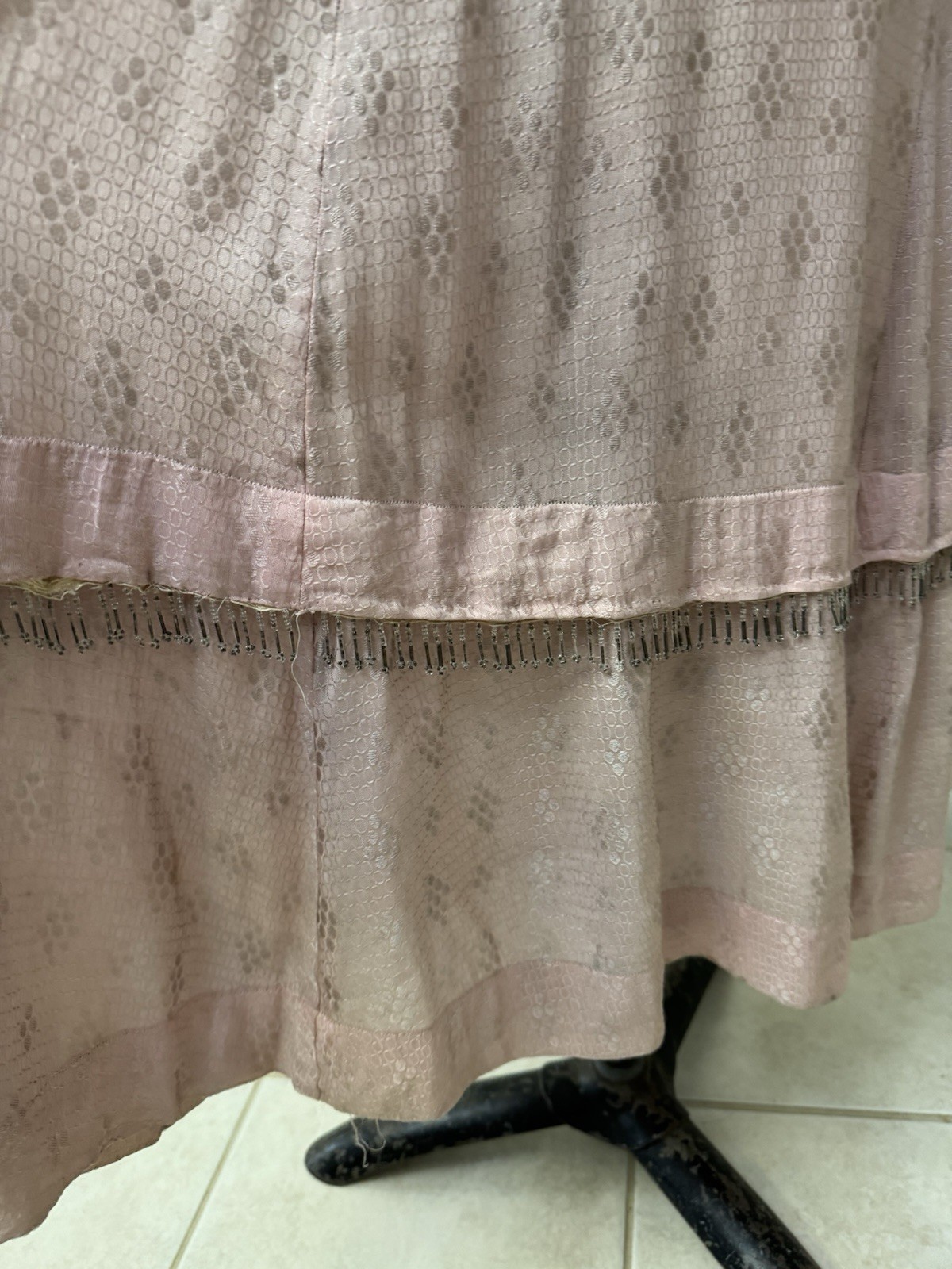Vintage 1920s Pink Silk Jacquard Flapper Dress Soutache Bugle Bead Fringe Deco