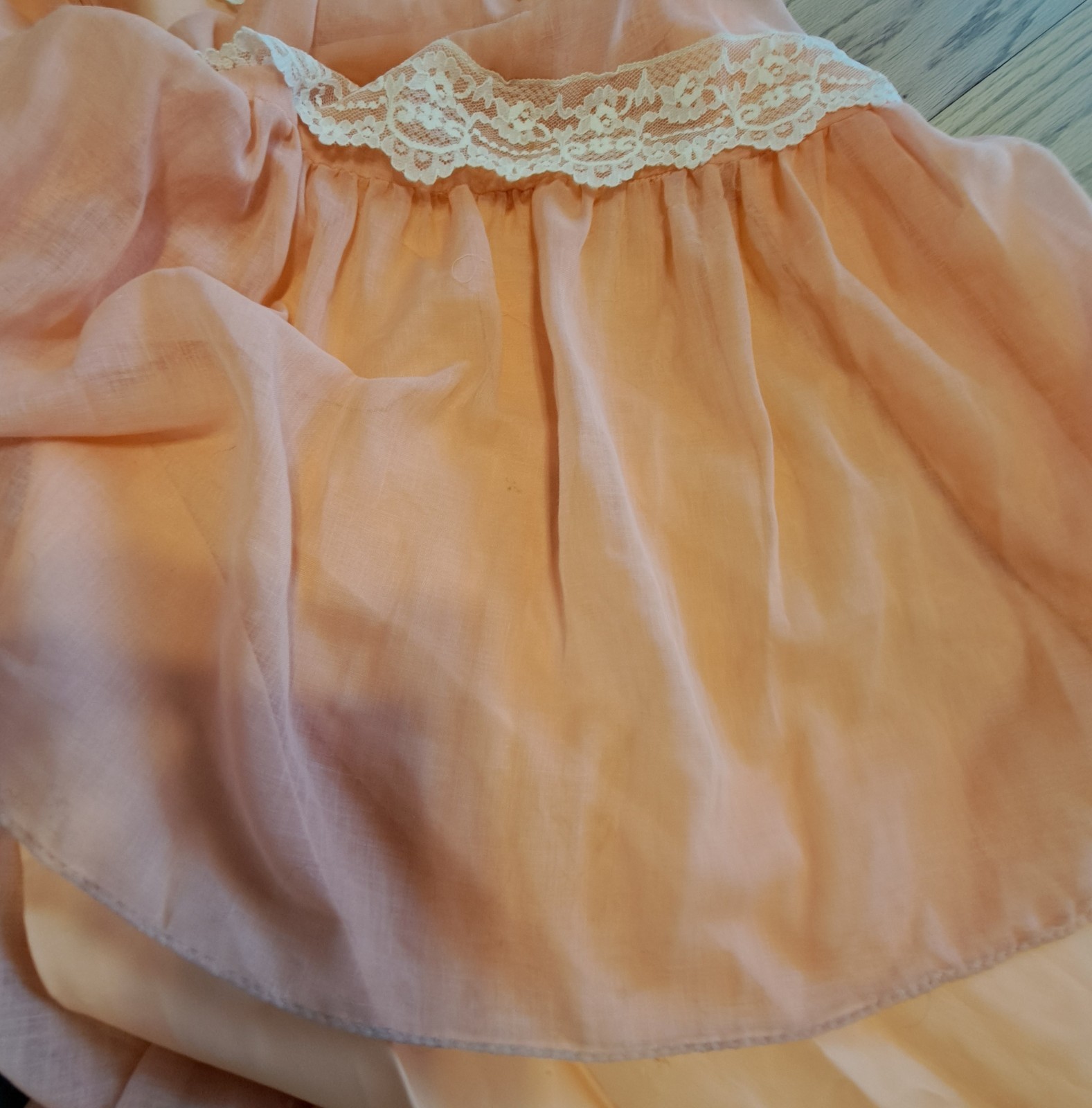 Vtg 70s Peach Chiffon Lace Prairie Granny Victorian Prom Maxi Gown Sz 7/8 Flaws