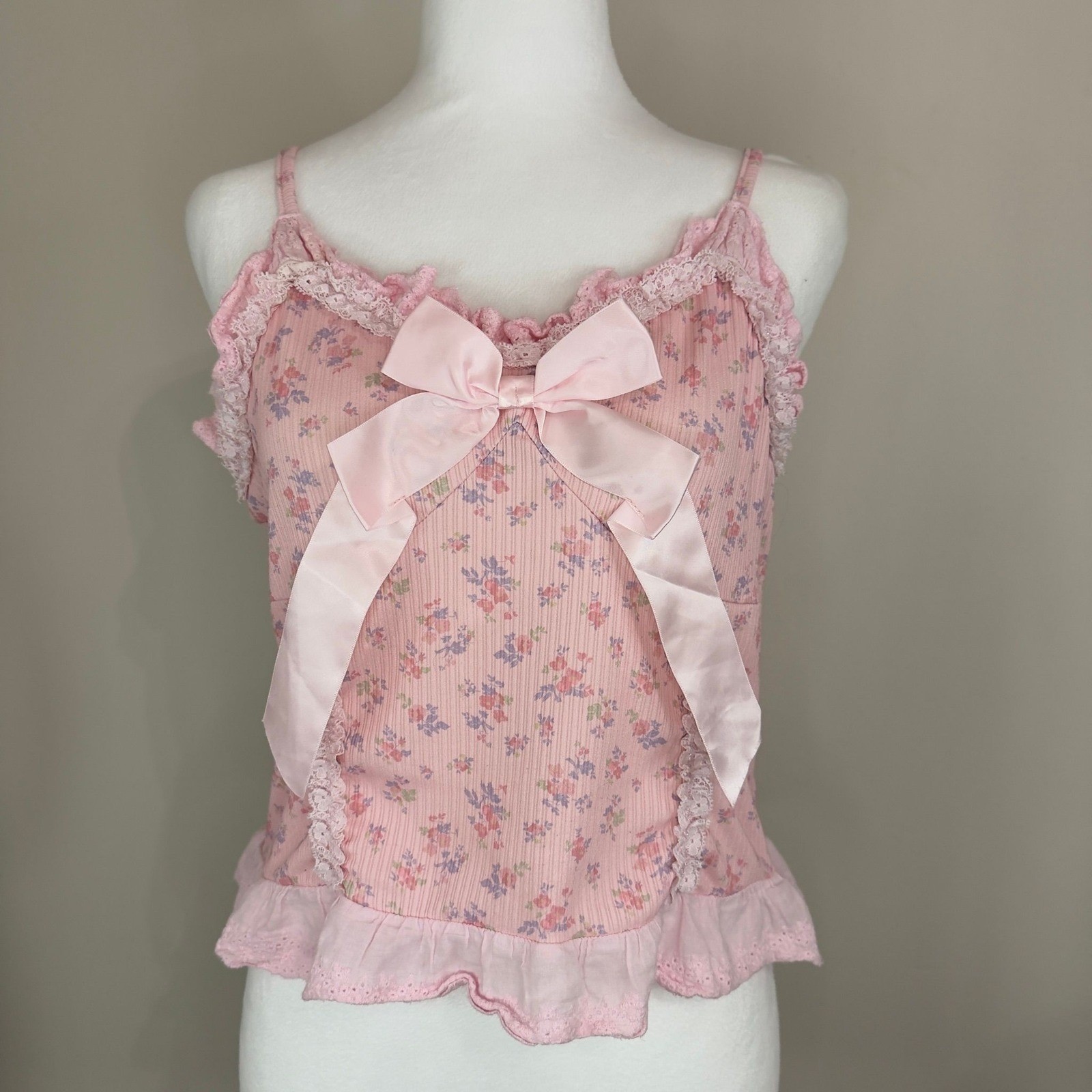 Coquette Floral Lace Bow Cami Tank Pink Cottagecore Fairy Y2K Ribbed Top