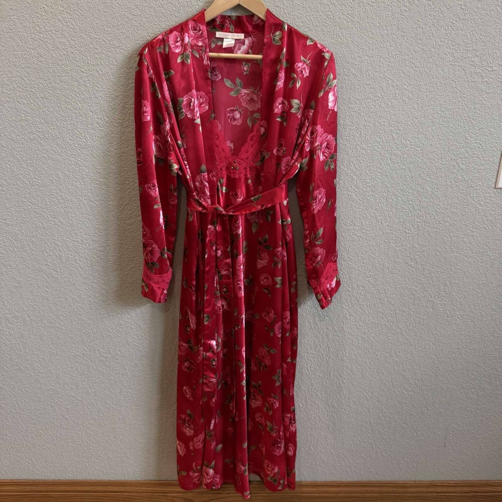 VTG 90s California Dynasty Nightgown Robe Set Cherry Red Floral Medium