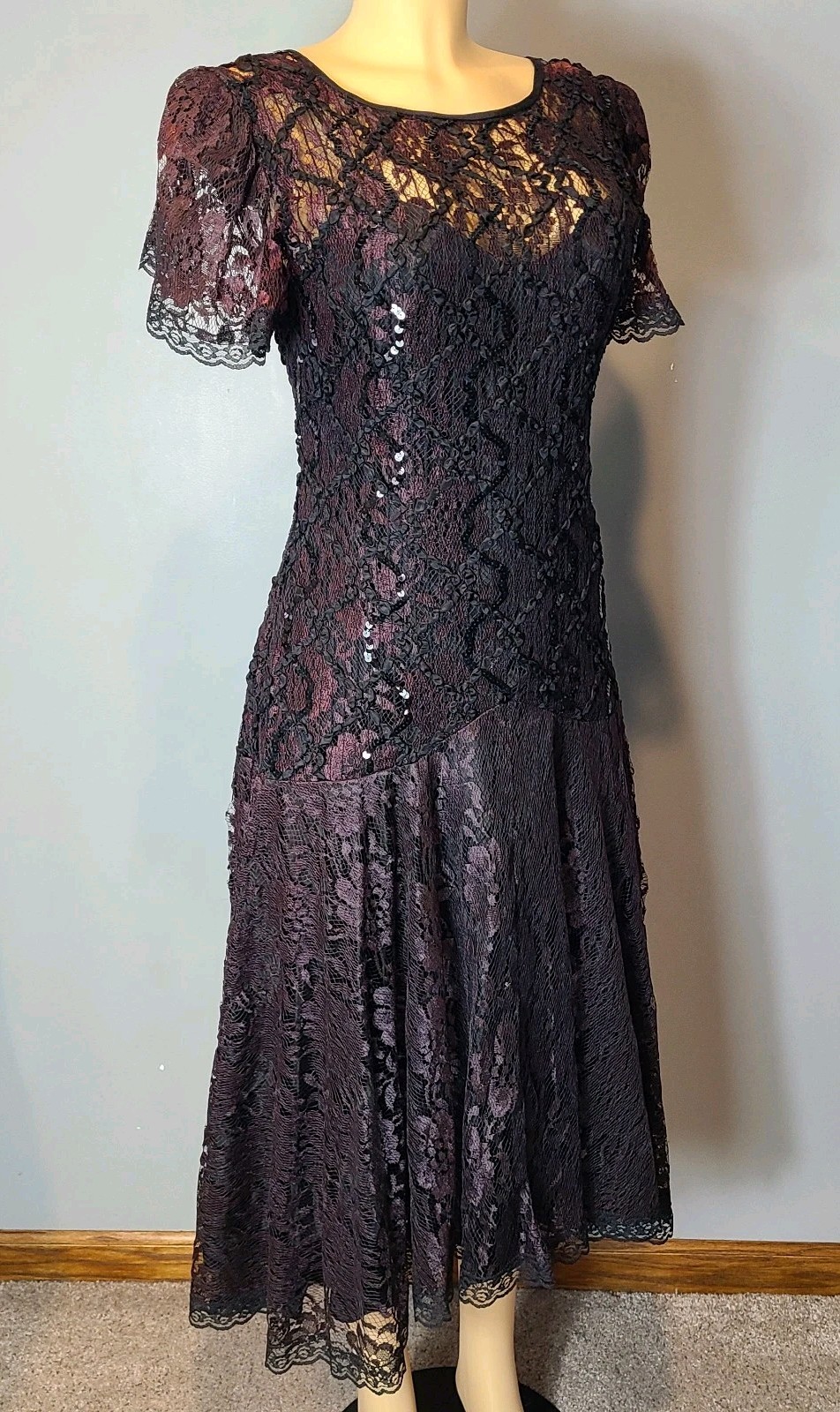 VTG Drop Waist Dress lace Sequin Flapper Art Deco Romantic 1920 Fairy Whimsigoth