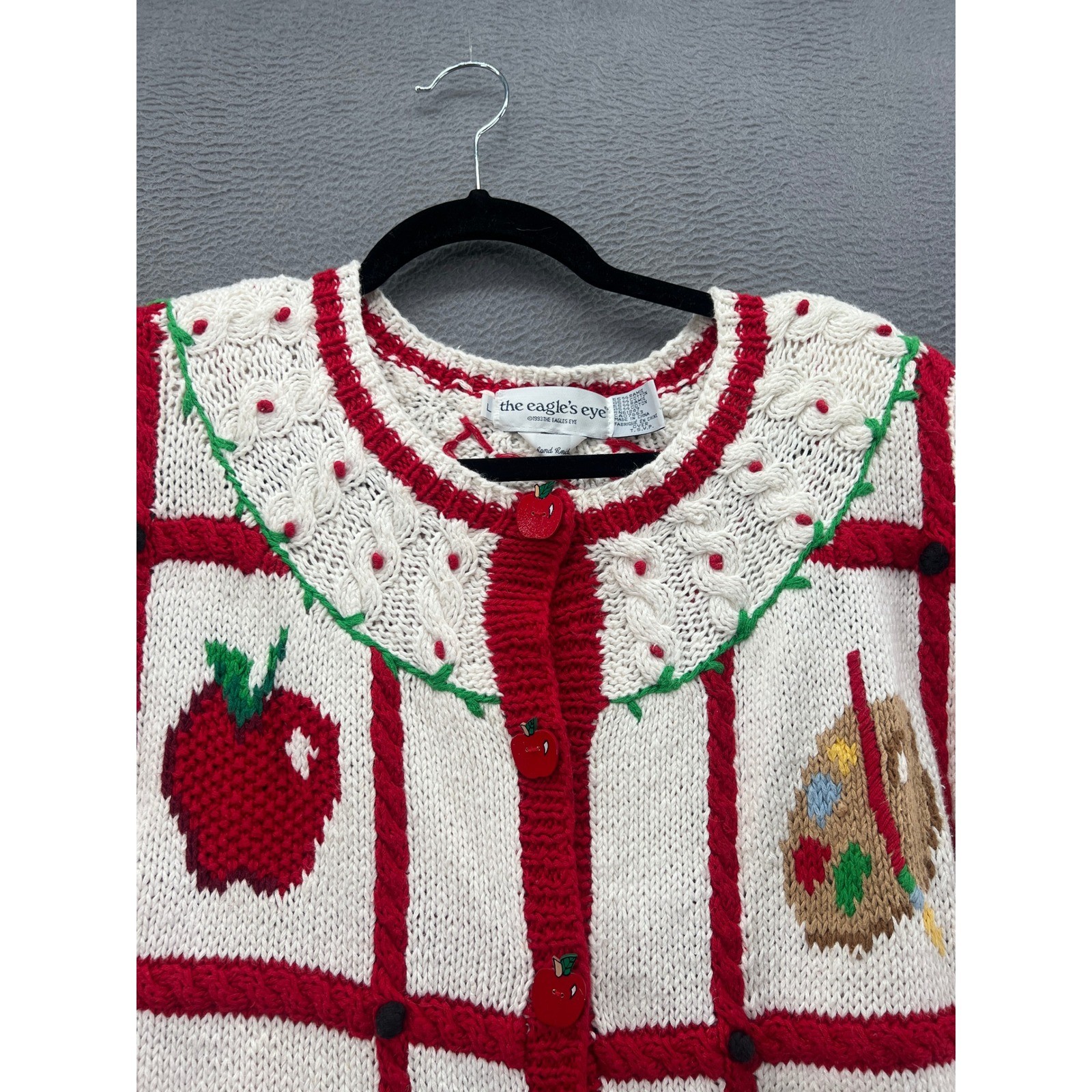 Vintage The Eagle&rsquo;s Eye Hand Knit Teacher School Cardigan Sweater Cream Red 1993