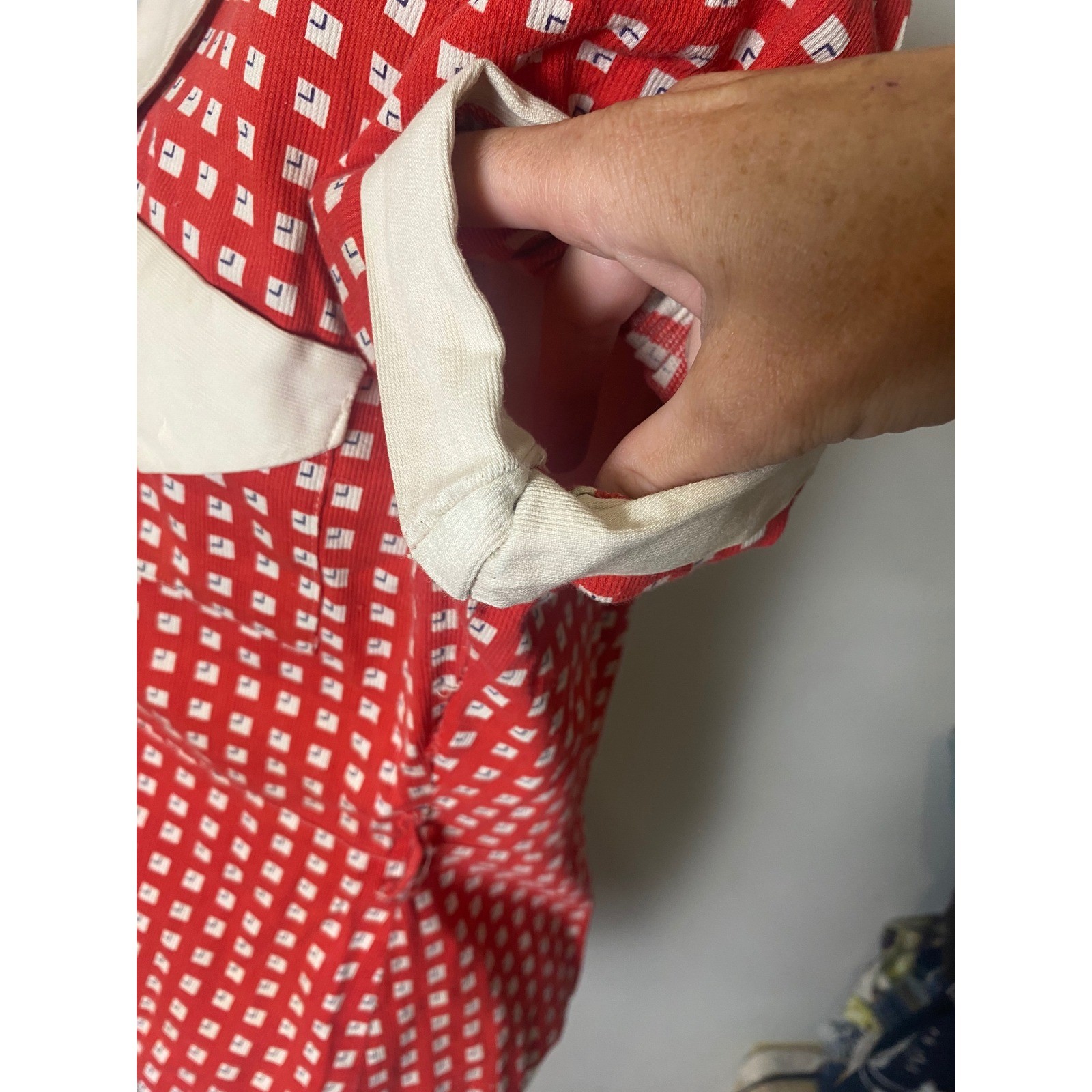 Vintage 1940s Red Geometric Print Blouse Puff Shoulder Top Retro M/L