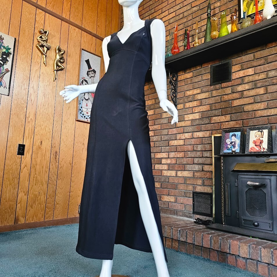 Vtg 90s Cage Back Bodycon Thigh High Slit Formal Evening Gown Party Dress XS/S