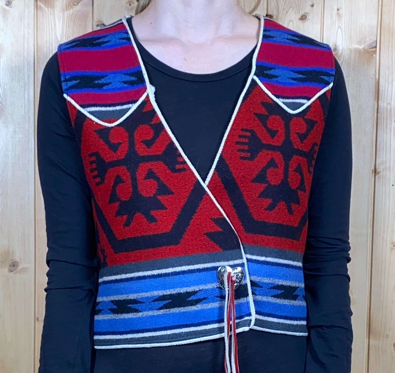 VTG 80s Handmade Hippie Vest Leather Tassel Wool Aztec Southwestern Size L/XL