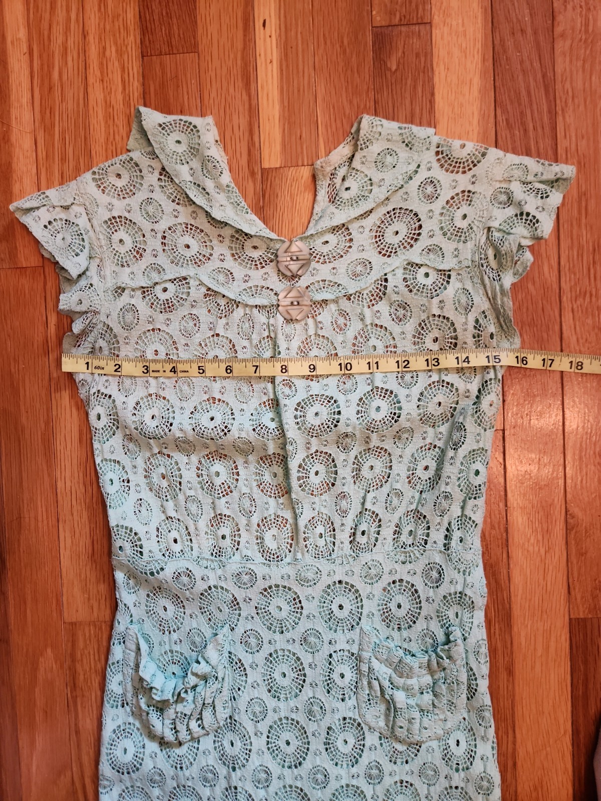 1930s Aqua Cotton Crochet Lace Dress with Cap Sleeves and Pockets XS