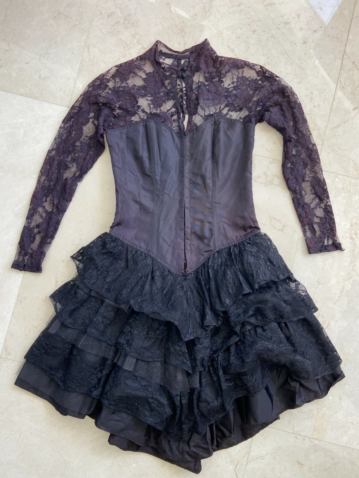 Vintage 1980 LACE SLEEVES CORSET RUFFLES Madonna Cocktail Prom Party Dress sz3