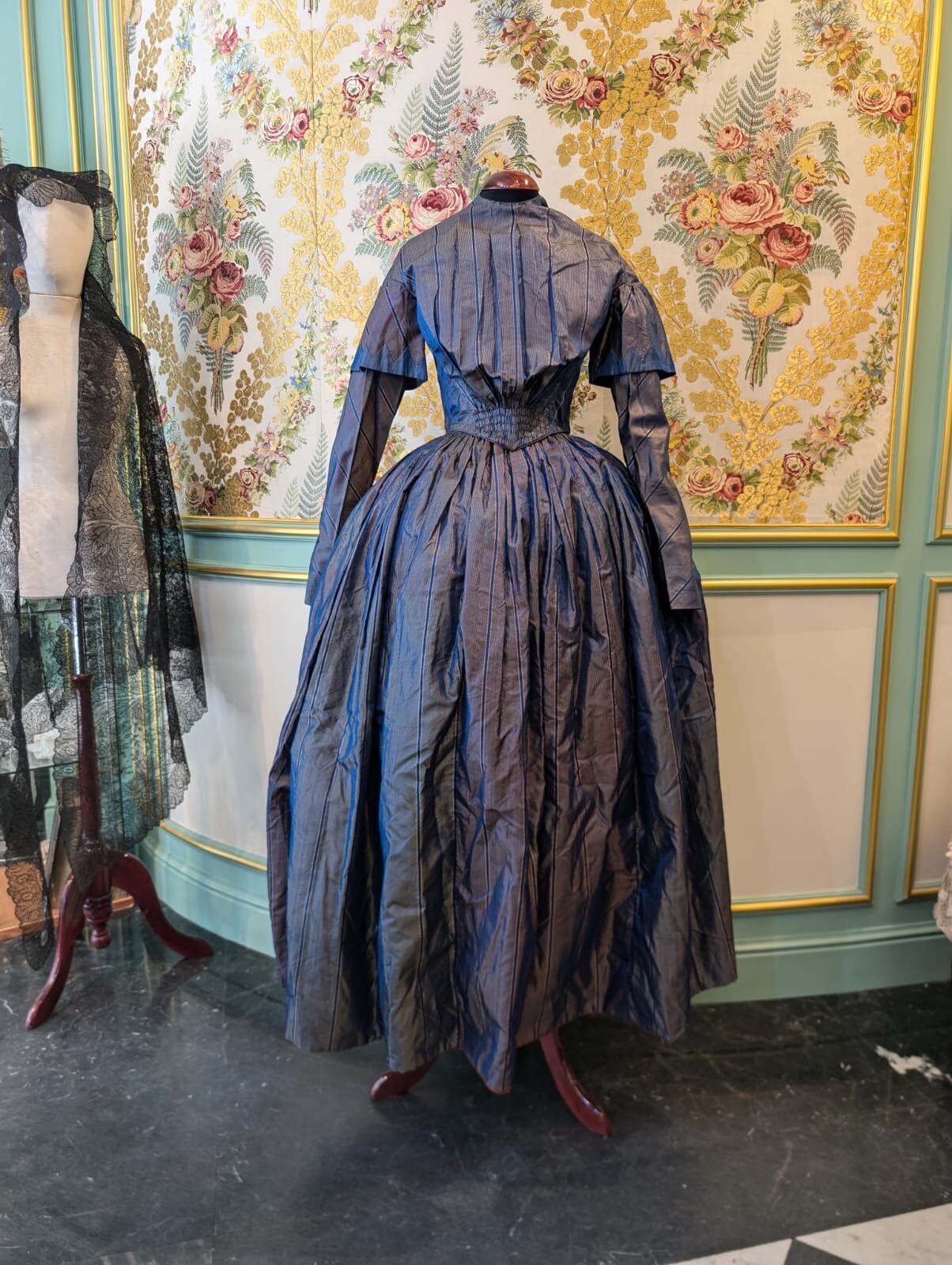 HAND SEWN 1840’S PINSTRIPED SILK TAFFETA TWO PIECE DRESS FROM OHIO ESTATE