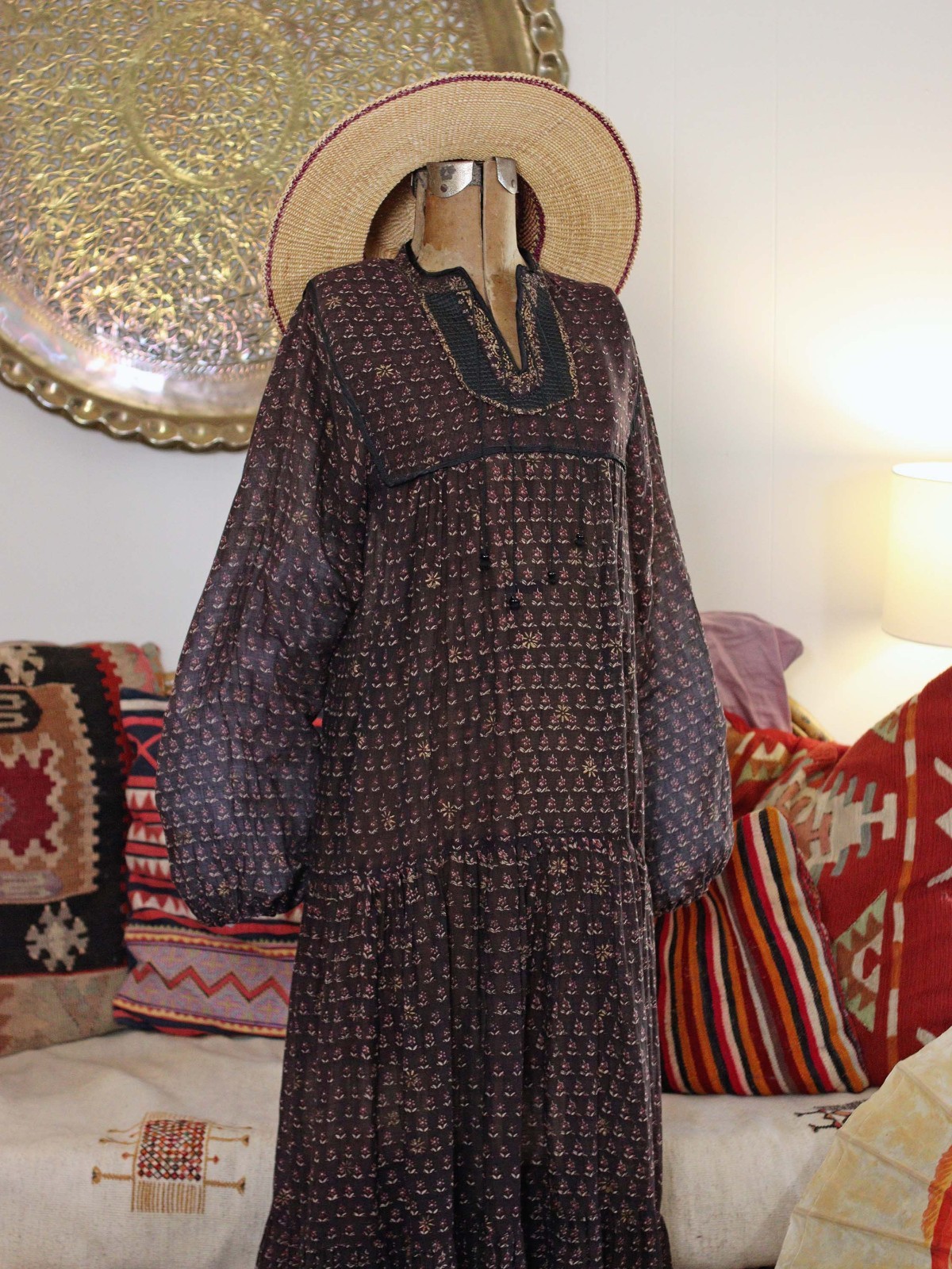 VTG Indian Cotton Thin Gauze Maxi Dress Hand Block Printed Kaftan Black Bohemian