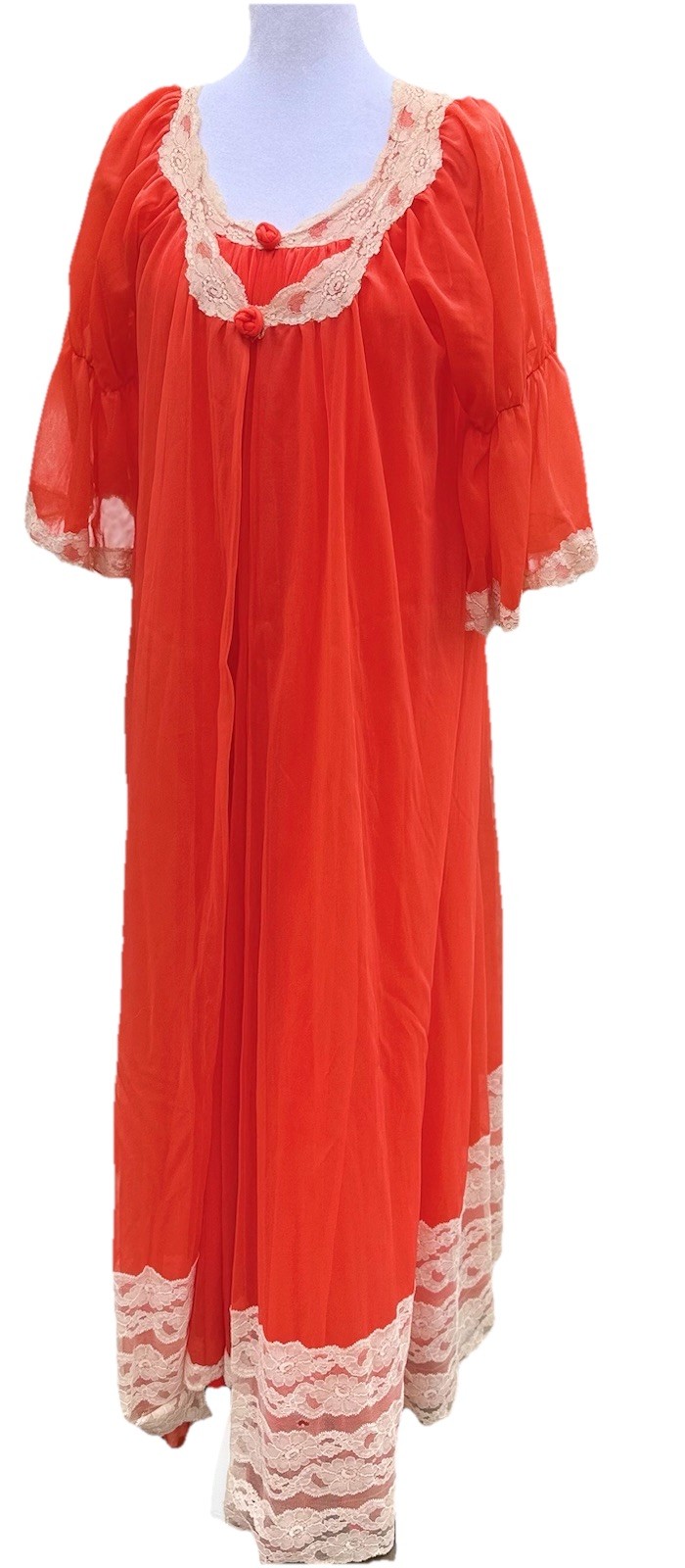 Vtg Intime Nightgown & Robe Double Chiffon Peignoir Set Flame Orange Sweep S M +