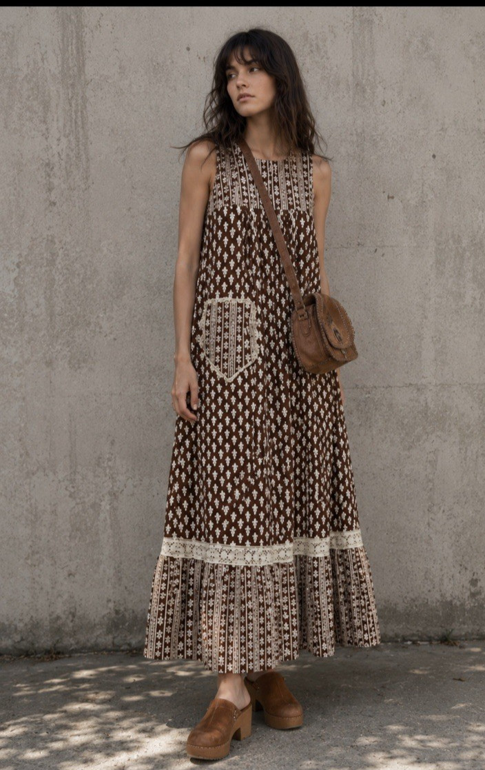 Vintage 1970s Tootique Prairie Maxi Dress Made in Canada Brown Lace Women’s S