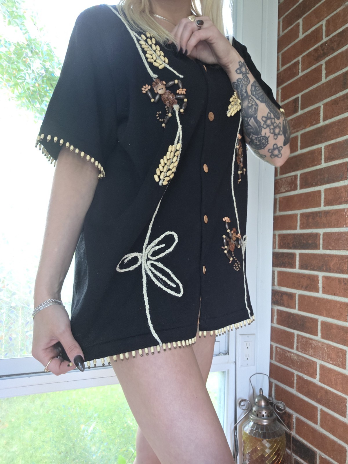 Vintage Eclectic Hand Embroidered Beaded Button Top Size L Artsy Boho Monkey