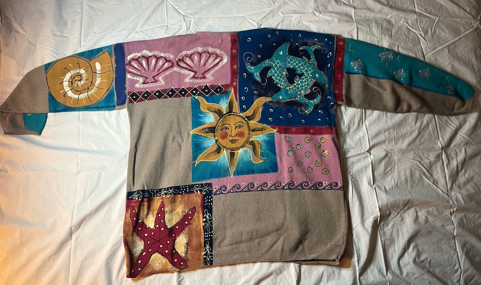 Vintage 90s Kolorway Art To Wear Sweater Hand Painted Sun Starfish Size 2