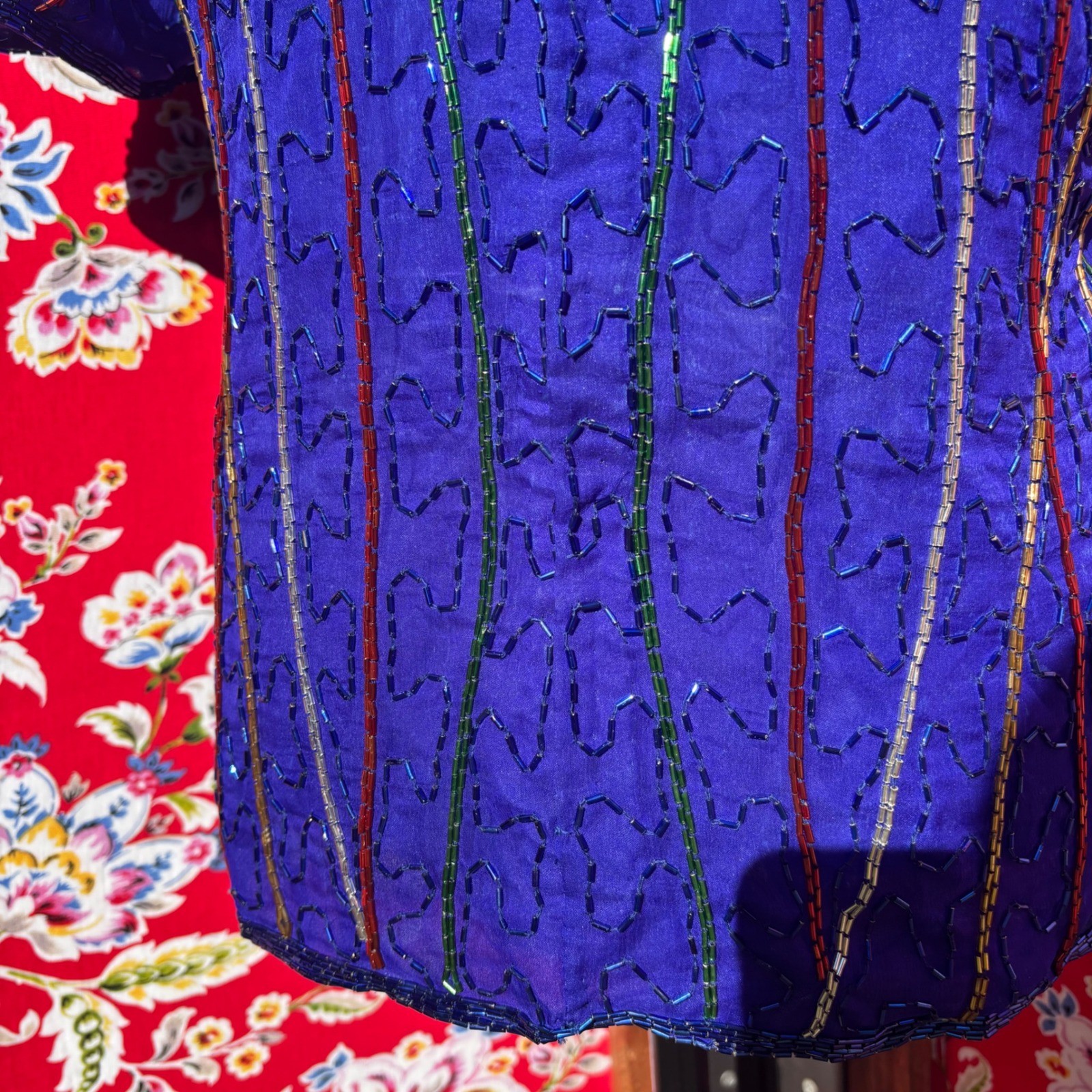 VTG 90&rsquo;s 100% Silk Blue Beaded Multicolor Boho Chic Glam Blouse Women&rsquo;s Size L