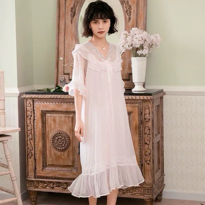 E9 Vintage Sheer Ruffle Nightgown Lace Trim Midi Dress Soft Pink Romantic