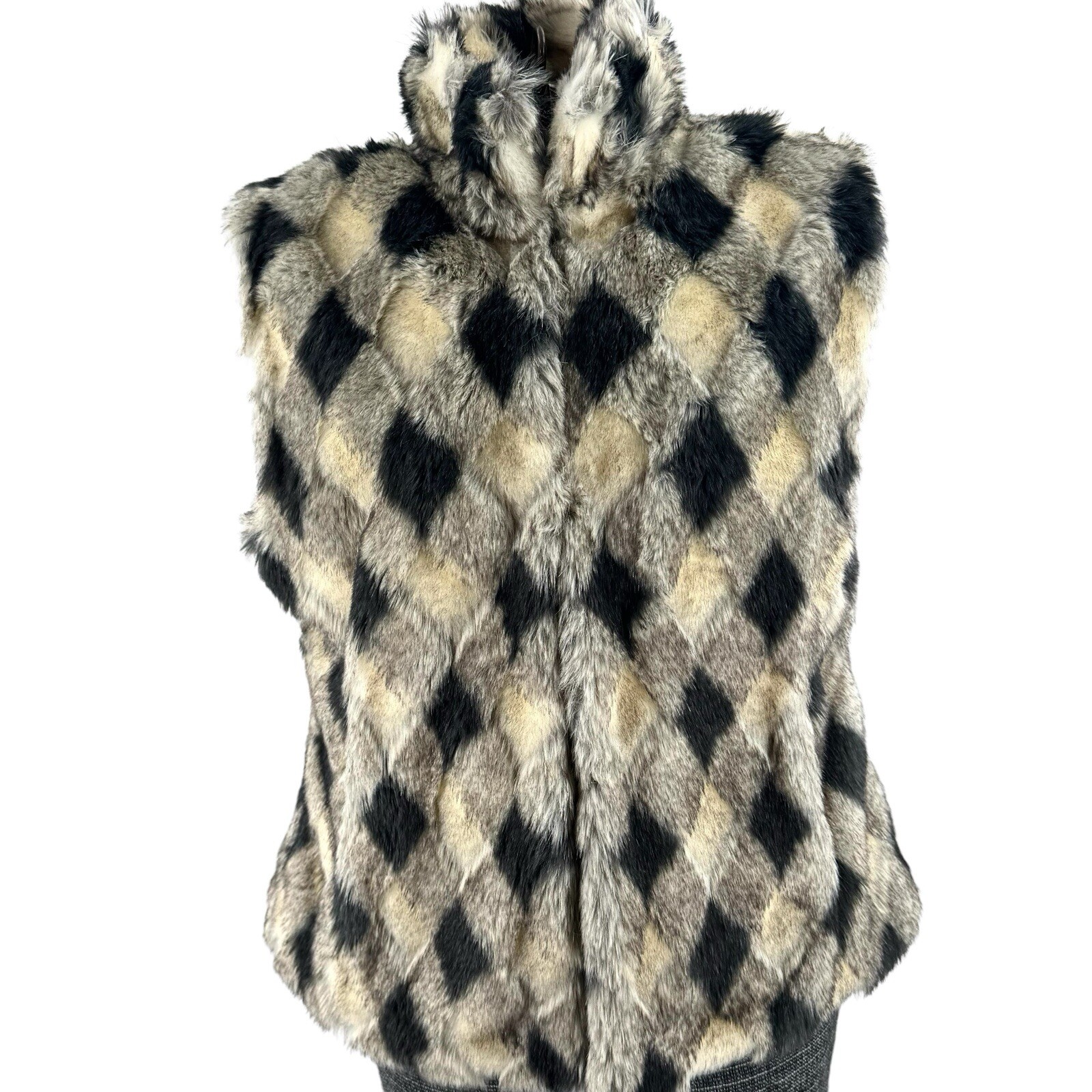 Pamela McCoy Vest Faux Fur Checkered Beige Black Gray Boho Pockets Woman&rsquo;s M
