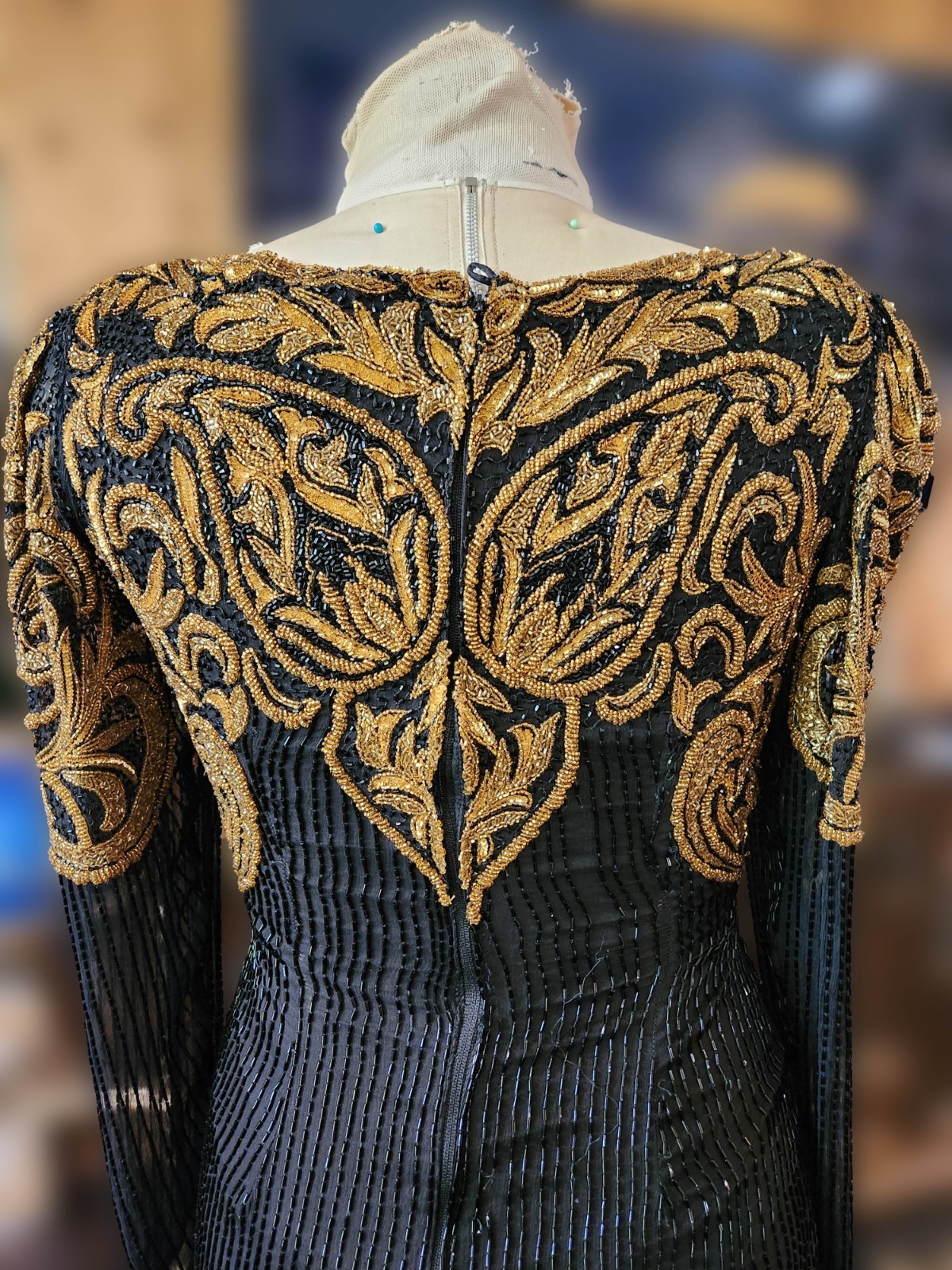 Vintage Carolyne Barton Gown, Black & Gold Hand-Beaded Evening Dress Size M