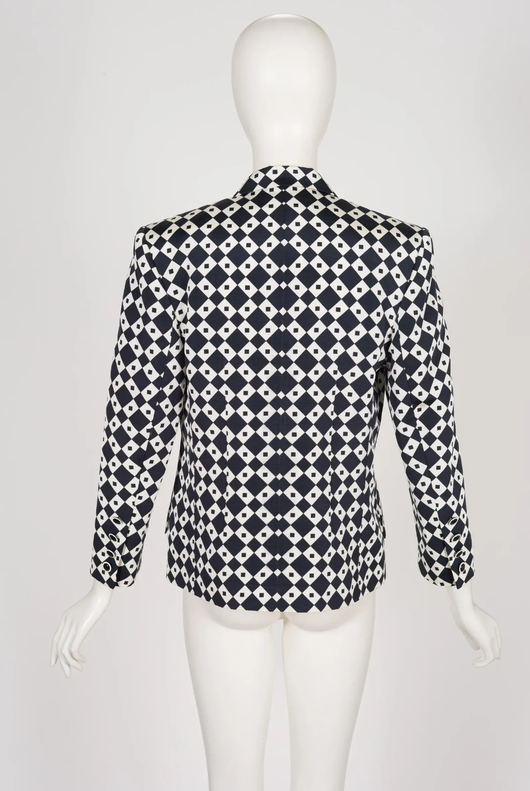 Antonette 1980s Black White Geometric Op-Art Print Faille Vintage Blazer Jacket
