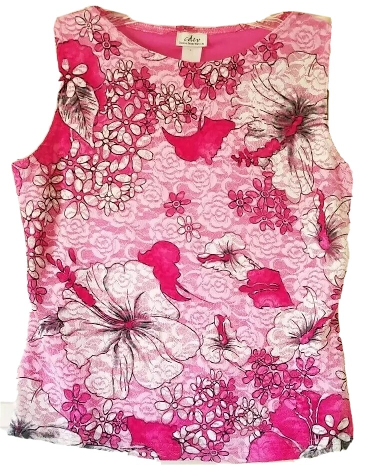 CDW Creative Design Works Vintage Sleeveless Blouse Pink Lace Floral Size Medium