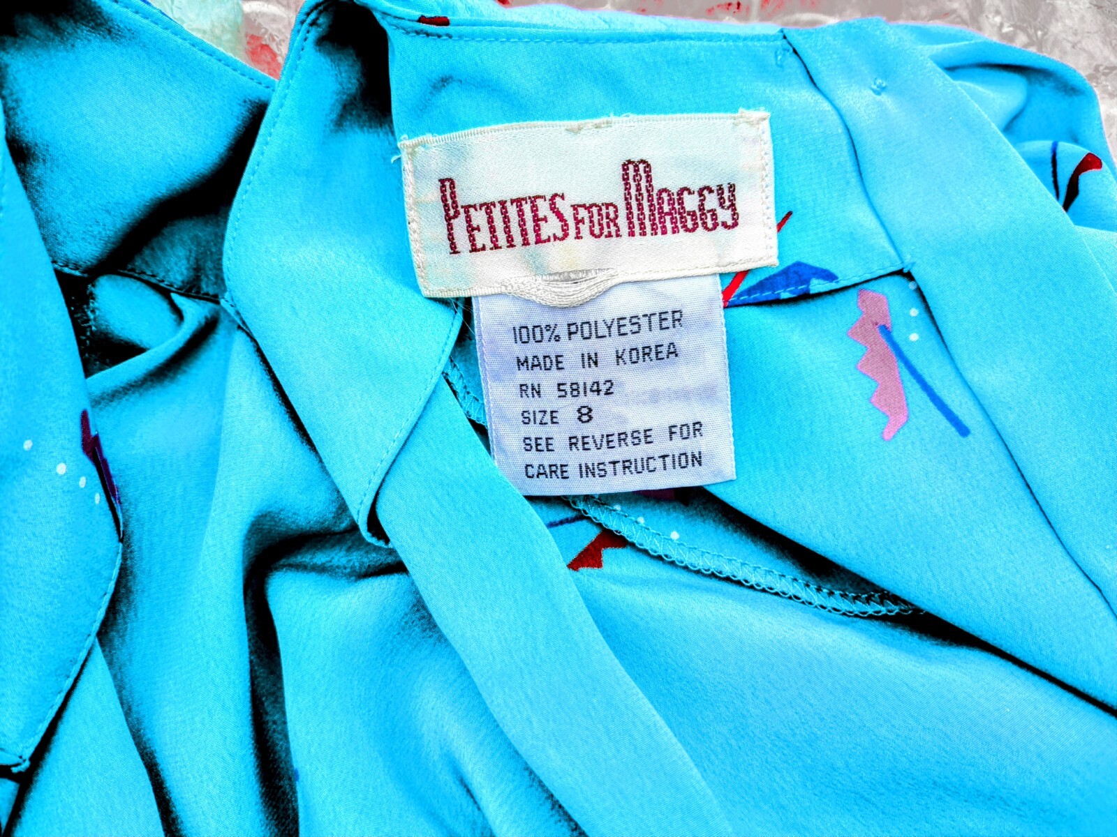 1980s VTG Petites for Maggy Sz4p Aqua Memphis Geometric Midi Korea Dress GUC