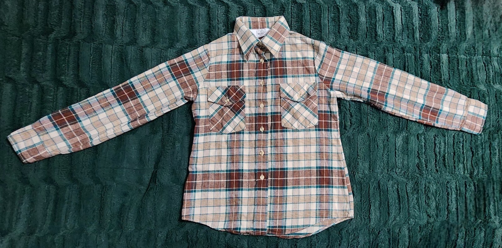 Vintage Woolrich Ladies 9/10 LS Green Brown Plaid Button Up Flannel Shirt
