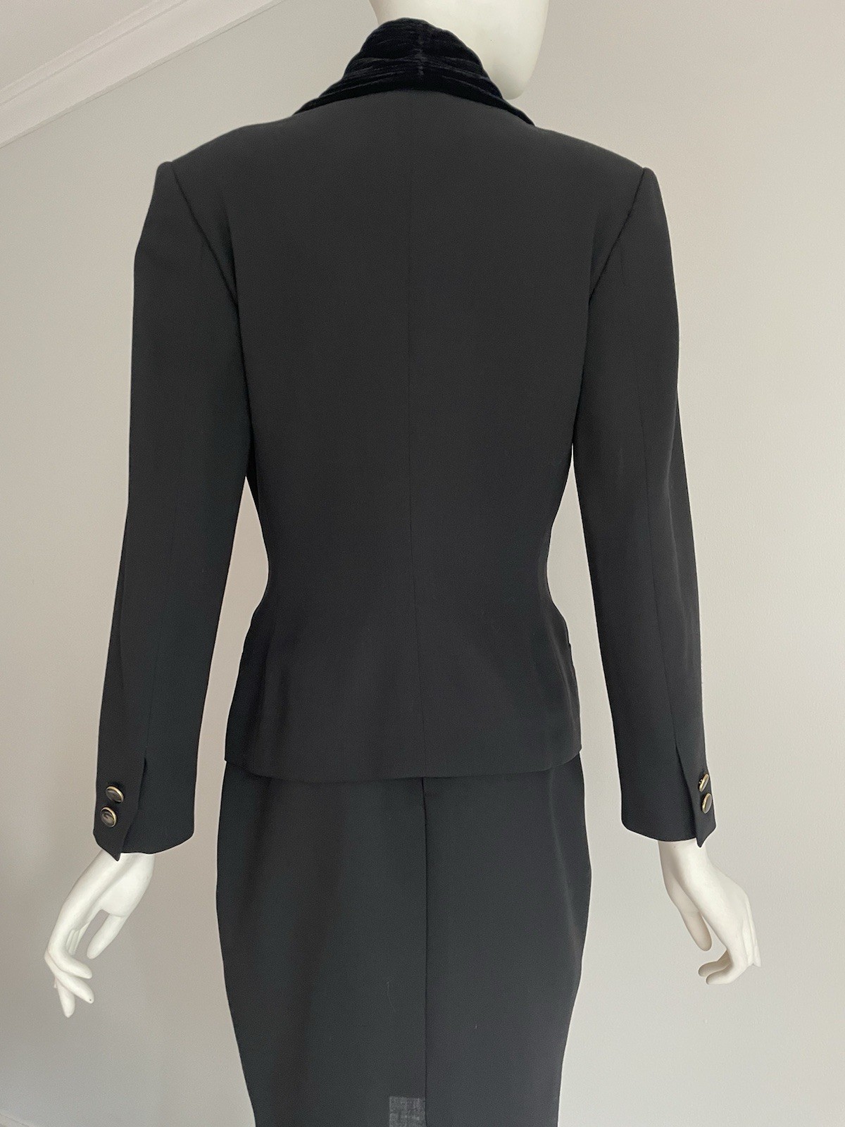 Vintage 1980s Gianni Versace Black Wool Velvet Twist Trim Skirt Suit Set Jacket
