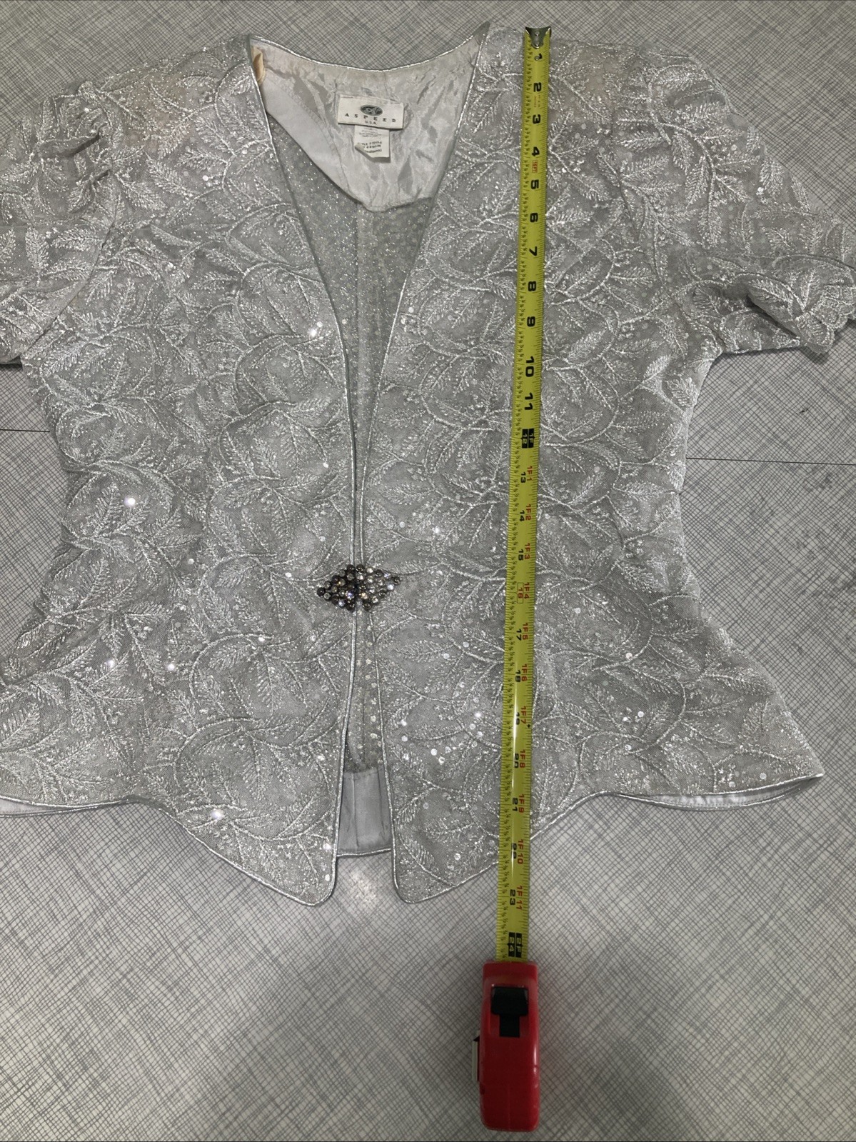 VTG 80s ASPEED USA Silver Lace Dress Jacket Set 2pc Formal Gown Prom Wedding Med