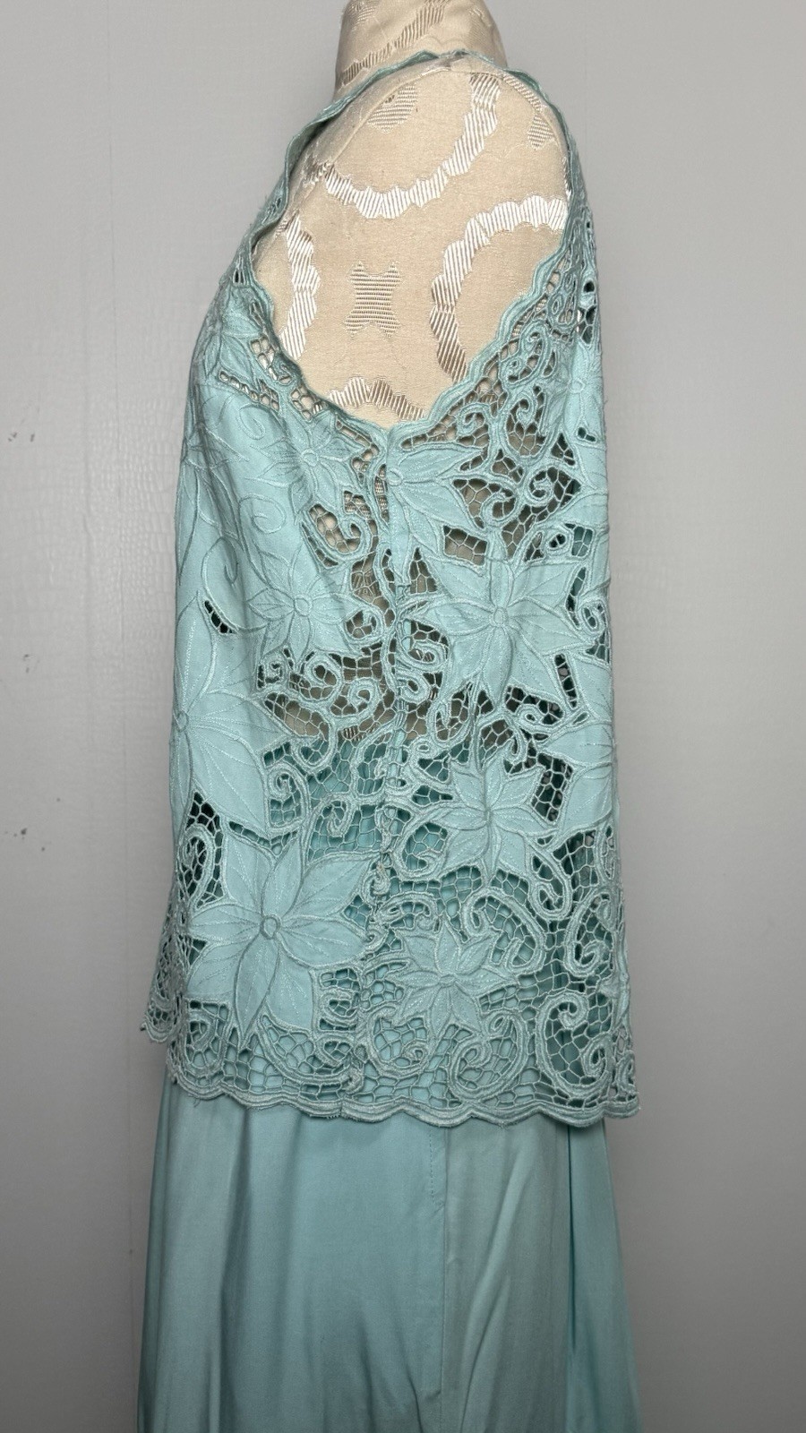 Vintage Aqua Blue Cutwork Lace 2 Pc Dress Set Boho Resort Maxi M